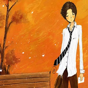 نقاشی پسری غمگین با نامه ای در دست در پارک در فصل پاییز