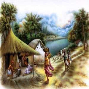 نقاشی روستا با کلبه و رودخانه و دختران در حال حمل سبدهایی بر روی سر